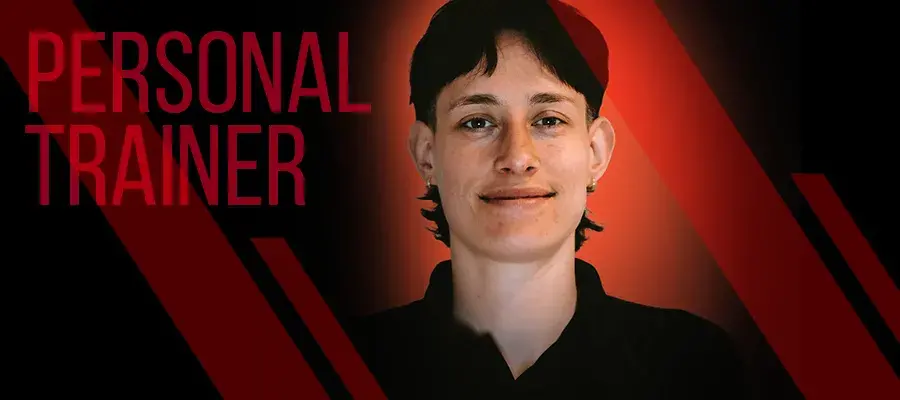 Personal Trainer, red and black background and image of person