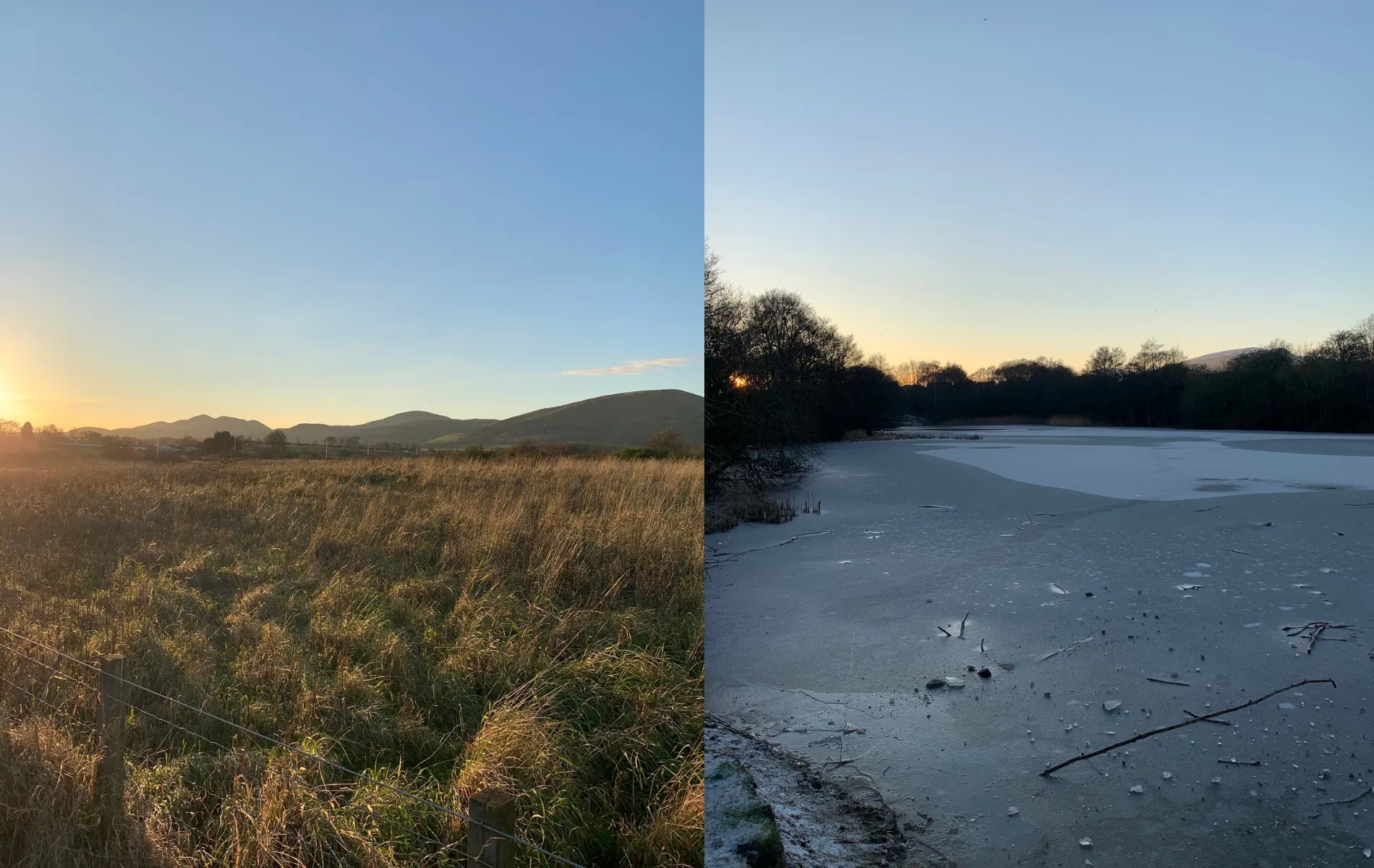 Photo of hills and of snow covered lake