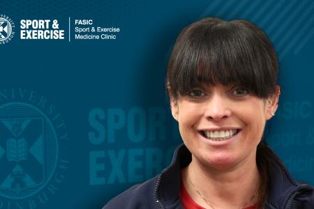 Image of physiotherapist Tracy McAdam with FASIC sport & Exercise Medicine Clinic logo