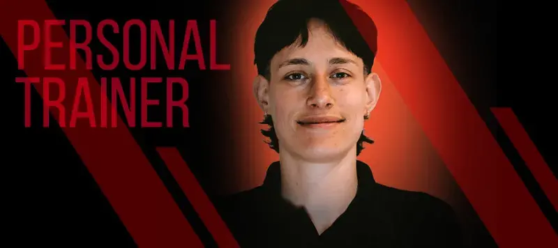 Personal Trainer, red and black background and image of person